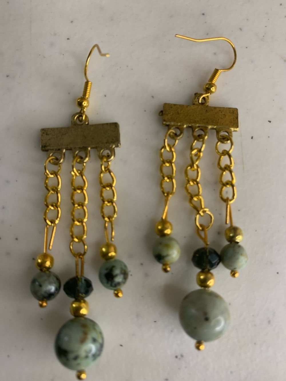 Gold-Tone Green Stone Bead Dangle Earrings - Picture 2 of 2